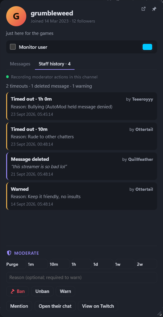 The same user card on the Staff history tab: currently timed out, two timeouts, a deleted message and a warning, each with the moderator, reason and date.