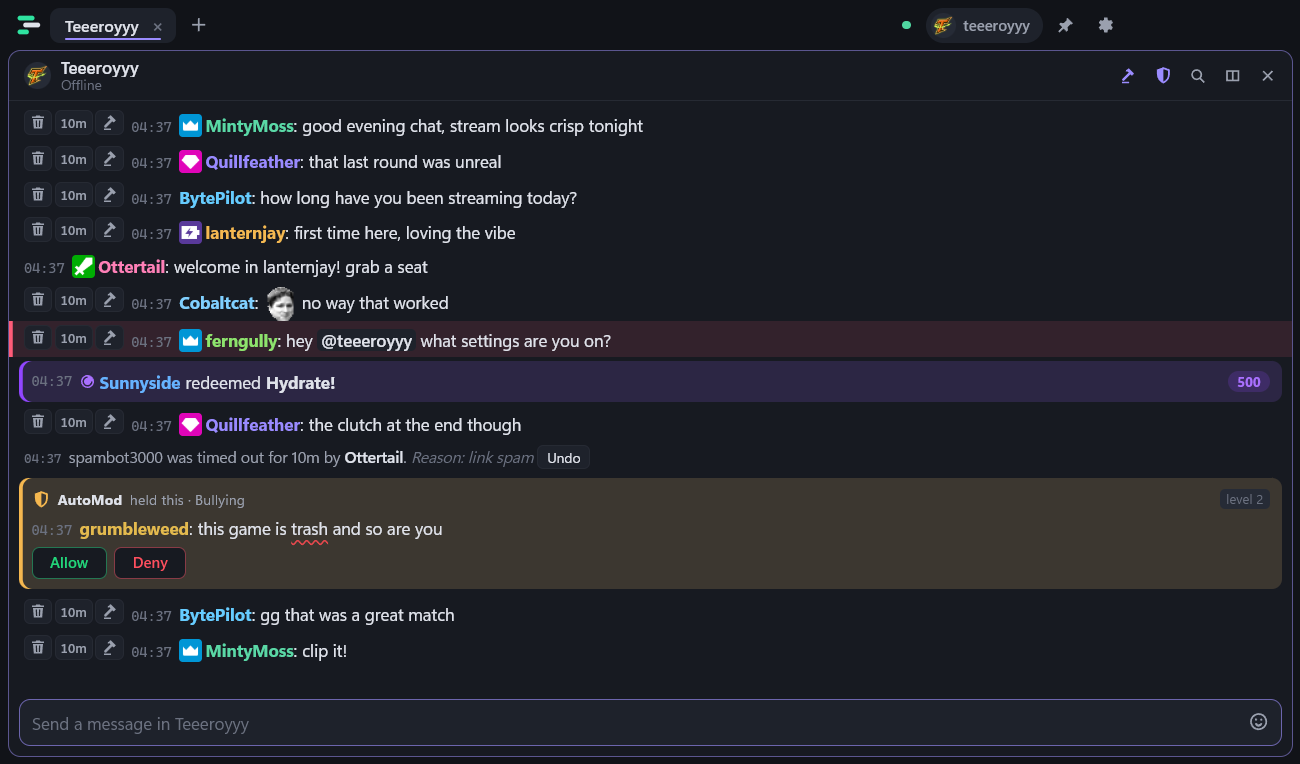 Chattler showing a busy chat with a channel point redemption, a timeout naming the moderator, and an AutoMod held message with Allow and Deny buttons.